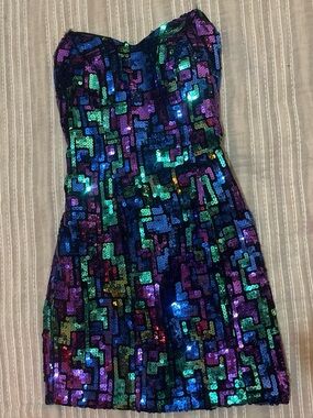 Alfred Angelo Strapless Sequin Dress in Blue, Purple, Green